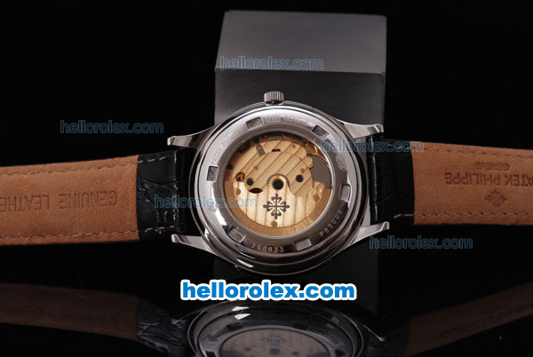Petek Philippe Automatic Black Dial and White Bezel with Leather Strap - Click Image to Close